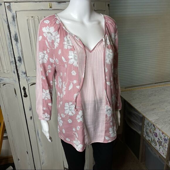 Fred David Pink Floral Tie Neck Long Sleeve Top Size Small - Picture 14 of 15